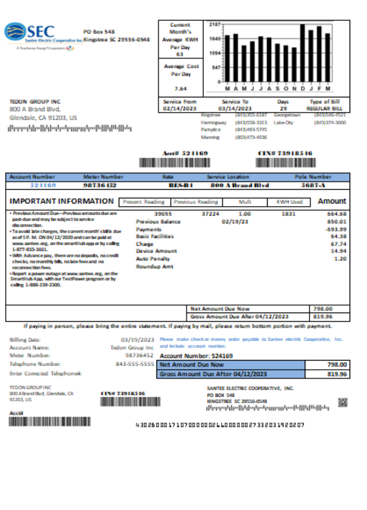 Santee Electric Cooperative Inc (SEC) proof of address utility business bill, SCR PSD template